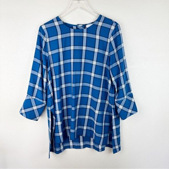 J. Jill Blue Plaid Tunic Blouse Top Medium Artsy - Picture 1 of 8